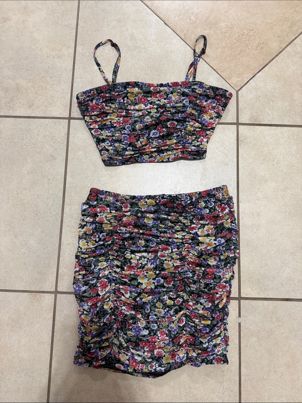 Floral Ruched Two-Piece Skirt Set - black Multi